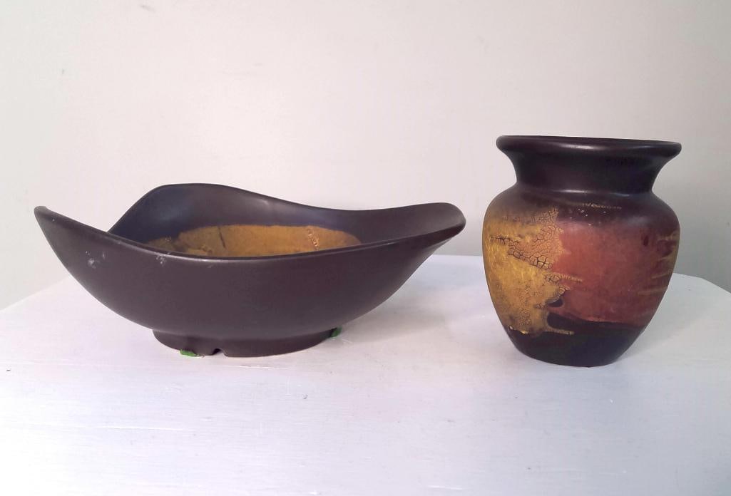 Royal Haeger Art Pottery Bowl and Companion Decorative Vase: American, late 20th century. Group comprising a Royal Haeger matte black art pottery center bowl, impressed underside mark "Royal Haeger USA" with mold number 3170, together with a complementa