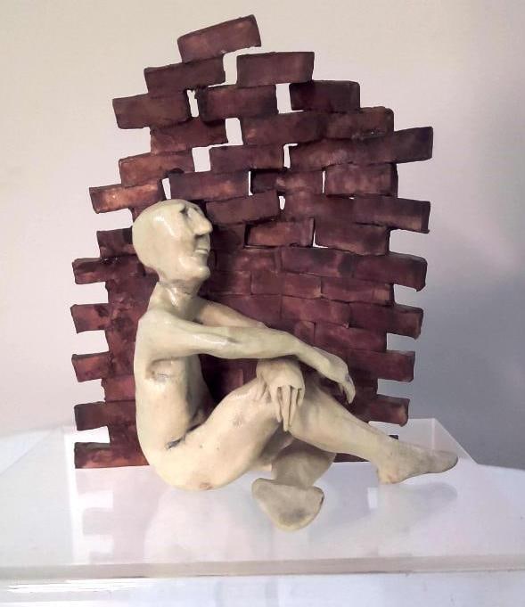 Ceramic Figural Sculpture, Seated Figure with Brick Wall (1 of 6)