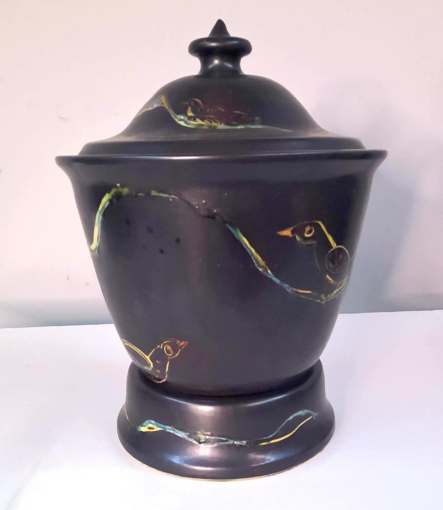 Mary Alice Hadley (1905-1965): Covered Bird Motif Serving Tureen, Dated 1949, 1949, Rare early studio pottery covered vessel by Louisville ceramic artist Mary Alice Hadley. The form features a domed lid above a tapered body, decora