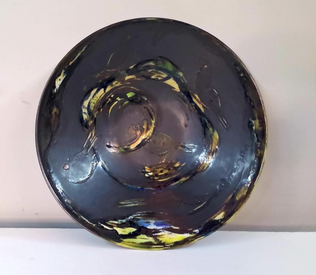 Mary Alice Hadley (1905-1965): Bird Motif Centerpiece Bowl, Dated 1948, 1984, Rare early studio pottery centerpiece bowl by Louisville ceramic artist Mary Alice Hadley. The large circular form is decorated with hand-incised bird mo