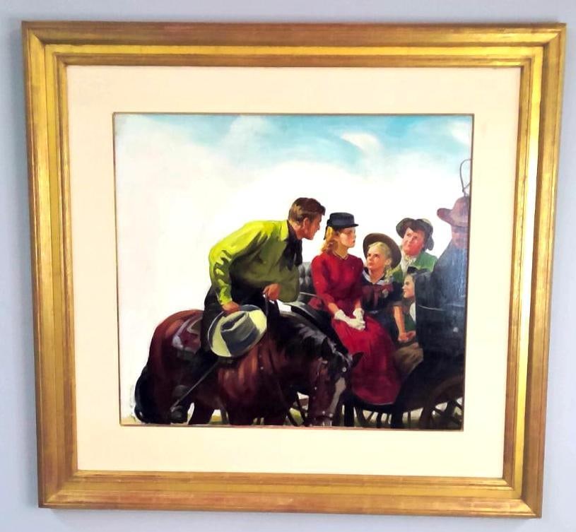 Attributed to Lu Kimmel (American, 1905–1973): Western Stagecoach Scene, , Narrative Western genre painting depicting a horseman conversing with a young woman seated aboard a stagecoach, accompanied by family members in period attire. Executed in 