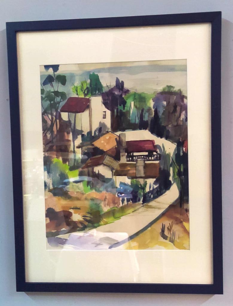Fern Powell (American, 20th Century): Untitled Rural Landscape Watercolor, , Expressive watercolor depicting a rural homestead nestled among trees, rendered in a loose, modernist style with vibrant washes of green, blue, violet, and earth
