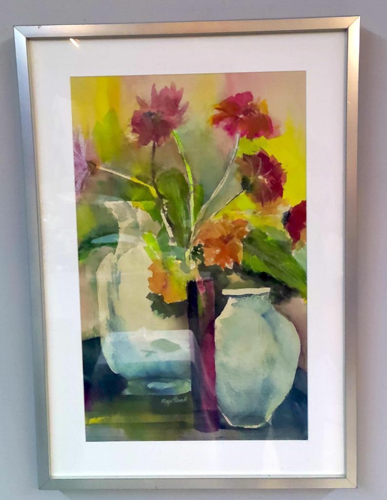 Fern Powell (American, 20th Century): Two White Vases, , Watercolor still life depicting two white ceramic vessels accompanied by vibrant floral blooms, rendered in expressive washes of green, yellow, blue, violet, and red. The compositio