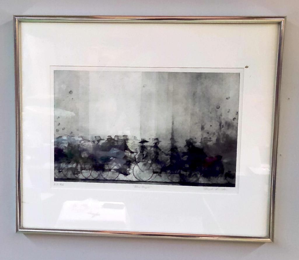 Shigeki Kuroda (Japanese, b. 1953): Blue Bicycle, , Artist's proof print depicting a procession of cyclists emerging through a misty atmospheric landscape rendered in layered tones of blue, gray, and black. Characteristic of Kuroda&