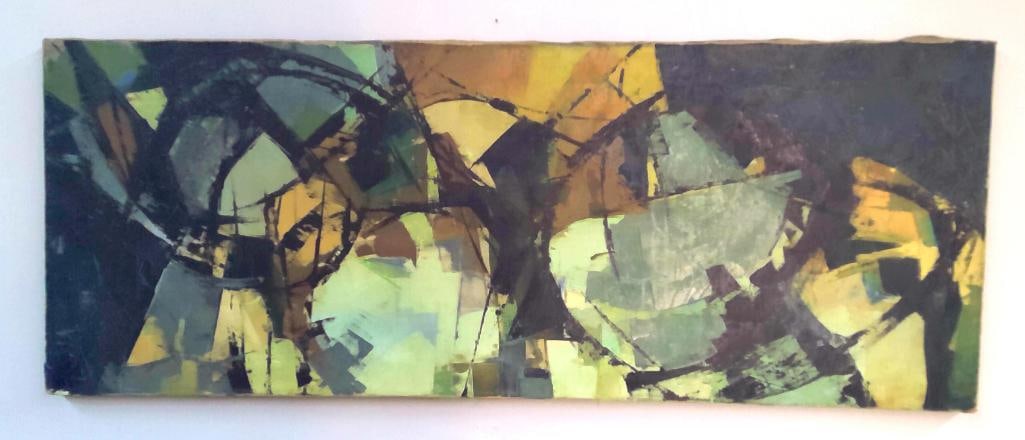 MCM Oil on Canvas: MCM Abstract Oil on Canvas, , Large horizontal abstract oil on canvas featuring overlapping geometric and circular forms rendered in shades of olive green, brown, black, cream, and ochre. Unframed str