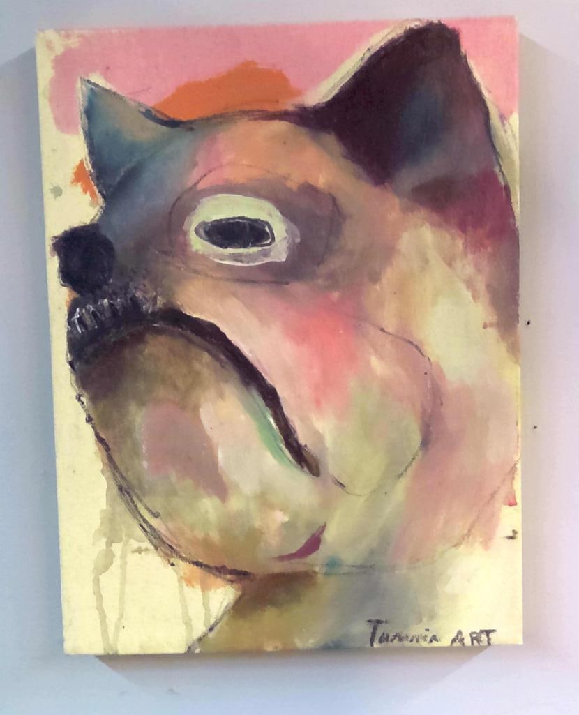 Folk Art Painting: Contemporary Folk Art Style Portrait Painting, , Oil (or acrylic) on canvas depicting a stylized portrait rendered in soft pink, cream, blue, and brown tones. Signed lower left. Gallery-wrapped canvas