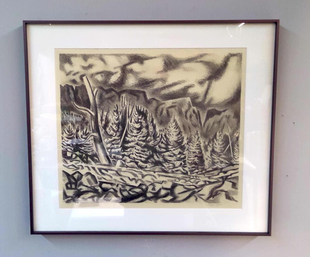 Hayes Lyon (1909–1987): Conifers and Canyon Stream, , This monochrome lithograph on paper depicts a high-contrast, rhythmic Colorado mountain canyon landscape dominated by evergreens and a dynamic sky., Lithograph Image: H 1