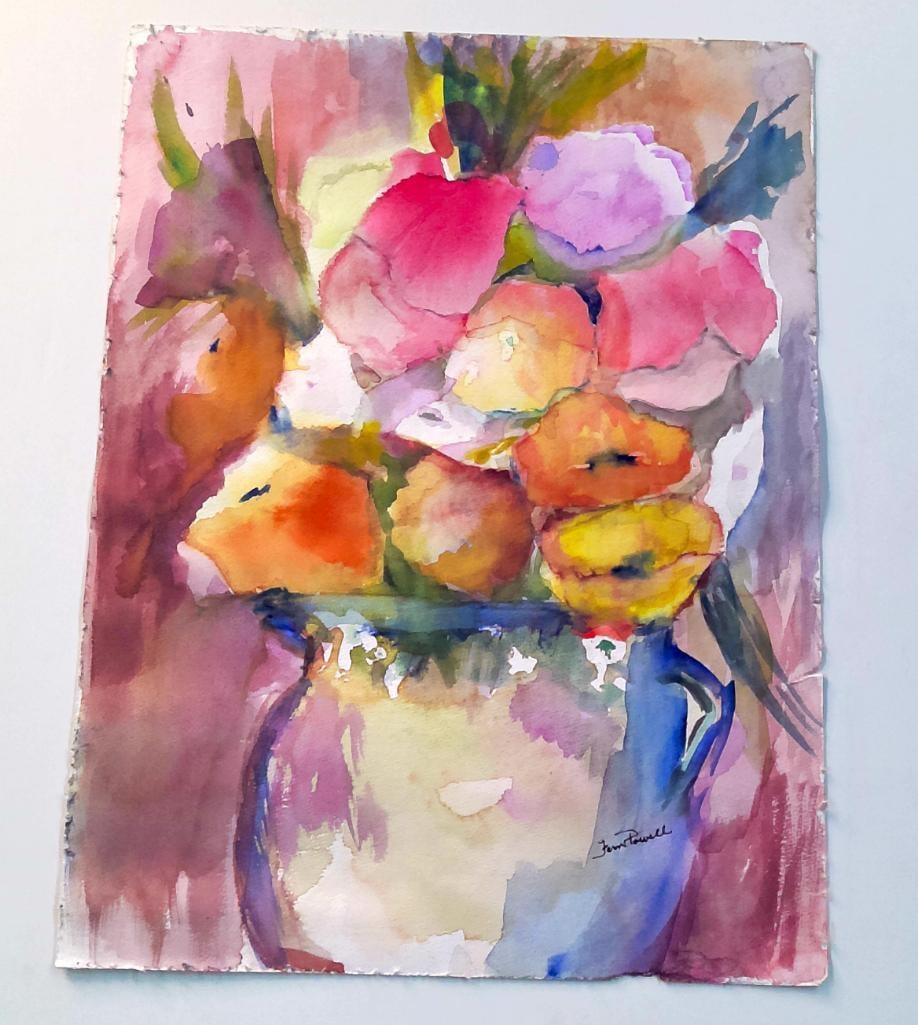 Fern Powell (American, 20th Century): Floral Watercolor on Paper, , Double sided watercolor with primary side depicting a floral arrangement. , Signed lower Right Image: H 20 x W 15 inches; Frame: H x W inches Not Framed Condition: Good