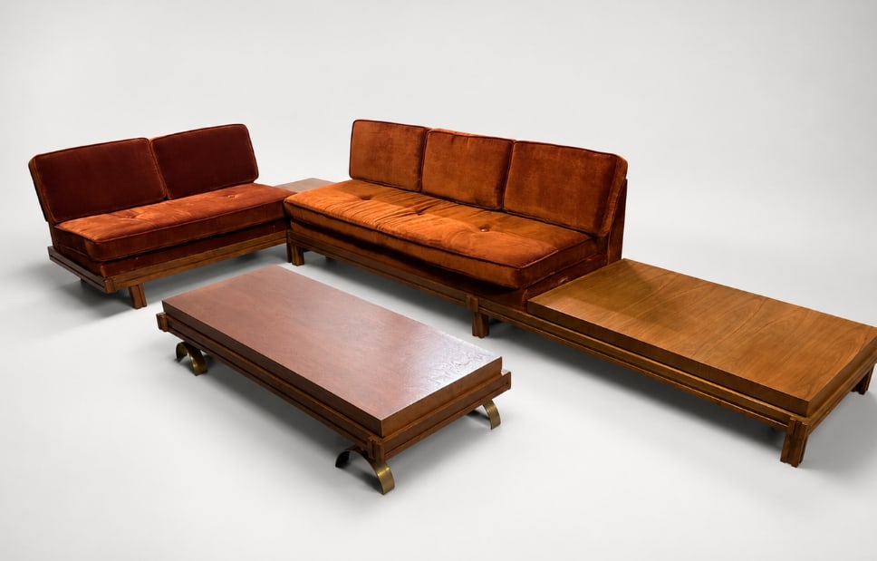 Martin Borenstein Modular Sectional Sofa and Coffee Table: American, designed 1952, produced circa 1960s–1970s. Monumental modular seating group by Martin Borenstein for Croydon Furniture, Van Nuys, California. Comprising a two-piece walnut platform section