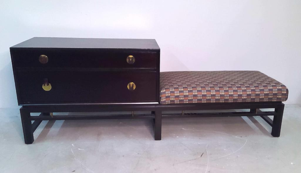 Dunbar Modern Two-Drawer Hall Bench: American modern hall bench by Dunbar Furniture, Berne, Indiana. Features an integrated two-drawer storage cabinet with recessed brass hardware joined to an upholstered bench seat, raised on a linear a