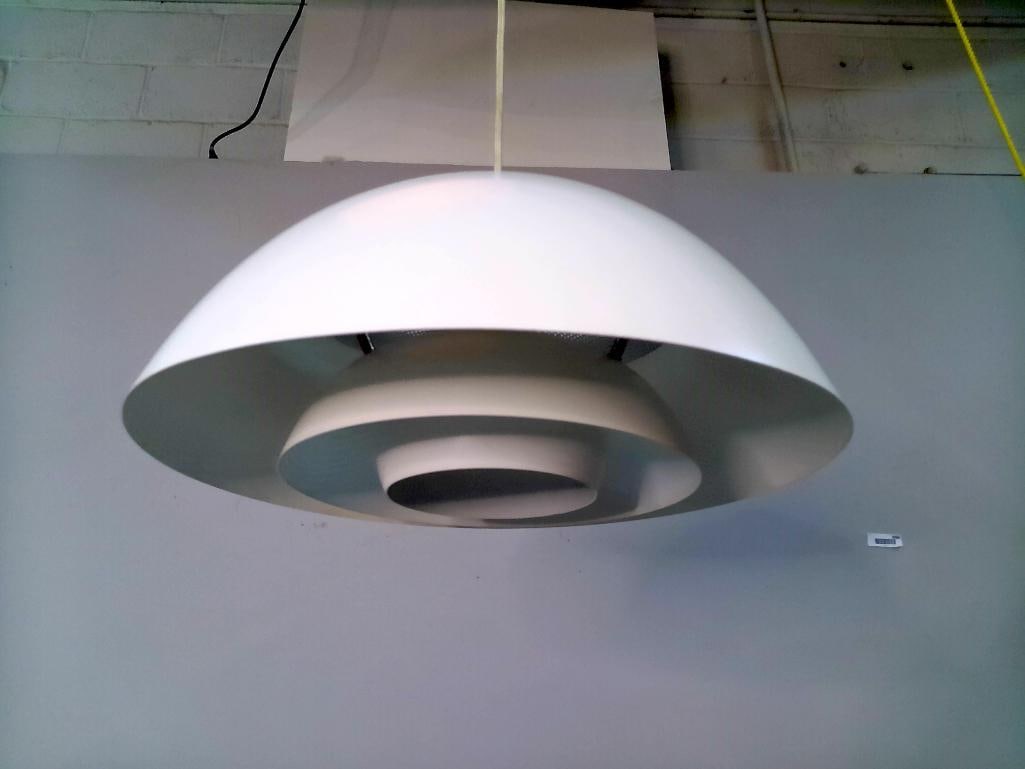 Mid-Century Modern White Metal Pendant Light: The interior is engineered with an integrated triple-candelabra socket cluster with dual-circuit wiring capabilities, allowing independent or concurrent illumination of the lower base and upper shade.