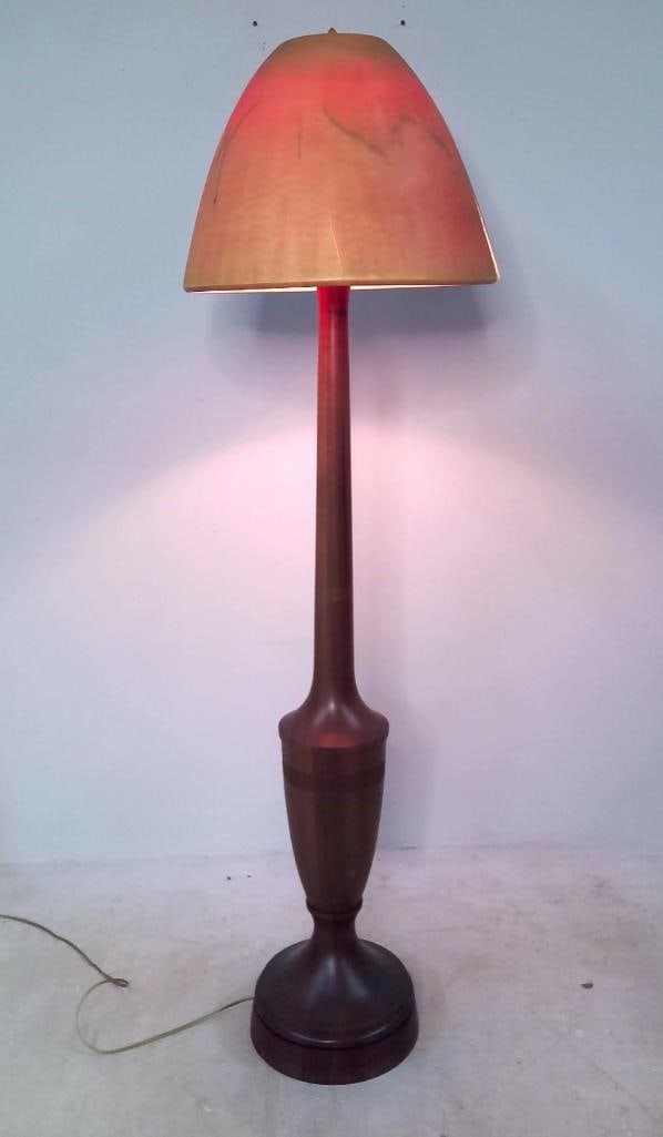 Peter Bloch Translucent Wood Shade Floor Lamp: Handcrafted floor lamp by New Hampshire studio artisan Peter Bloch, featuring a turned hardwood standard and translucent hand-turned wood shade. Interior inscriptions identify the lamp as handmade by 