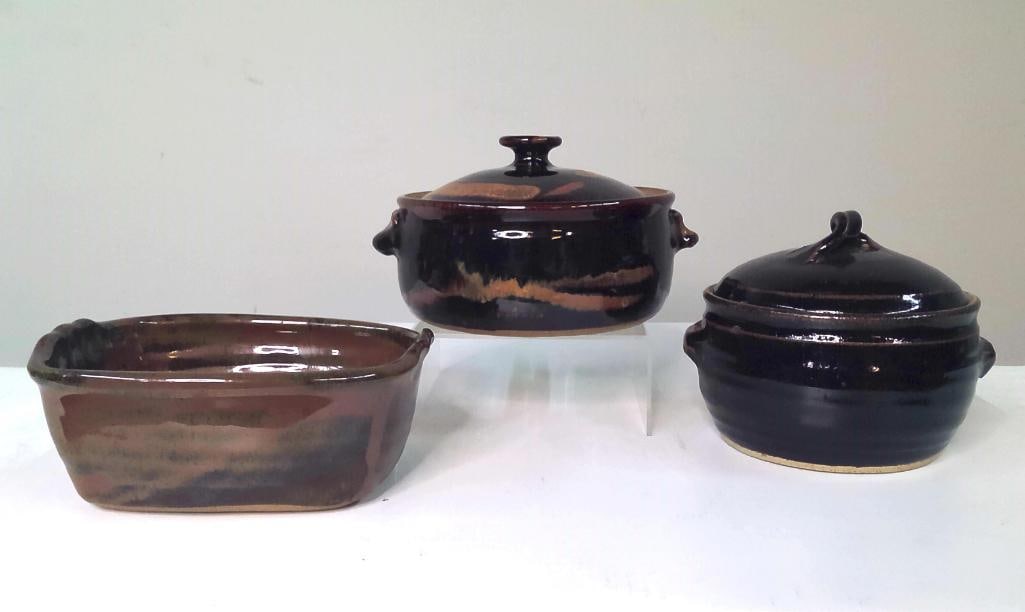 Three Studio Pottery Covered Casseroles and Baker (1 of 12)