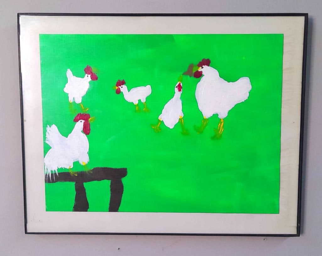 American School (Contemporary): Untitled (Chickens) , Naïve folk-art painting in acrylic on canvas board, depicting six white chickens against a vivid green ground, one perched upon a dark bench or fence rail. acrylic on canvas boa