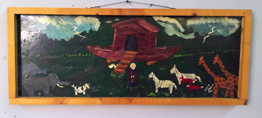 Larry Graham (American, 20th century): Noah’s Ark, 1994, American folk-art painting on galvanized sheet metal depicting Noah standing before a red-brown ark, surrounded by paired elephants, zebras, giraffes and cattle beneath stylized