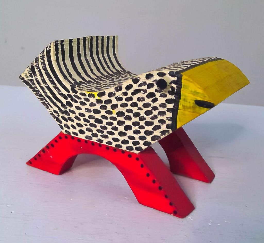 Marvin Finn (American/Kentucky, 1913–2007): Small Bird Folk Art Sculpture, 1990, Bird with a cream body decorated in black spots and stripes, yellow beak, and arched red legs. Wood Sculpture Signed “Finn,” dated “90,” and marked