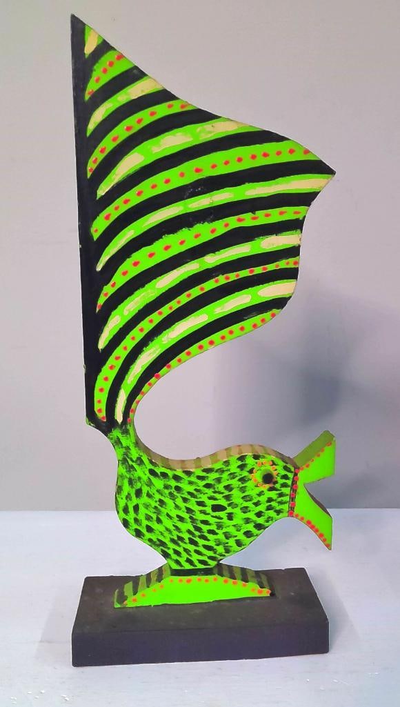 Marvin Finn (American/Kentucky, 1913–2007): Stylized Bird Folk Art Sculpture,, 1988, Whimsical cut-and-painted wooden bird sculpture with an exaggerated upswept tail, rendered in fluorescent green, black, cream, and red. Mounted on a