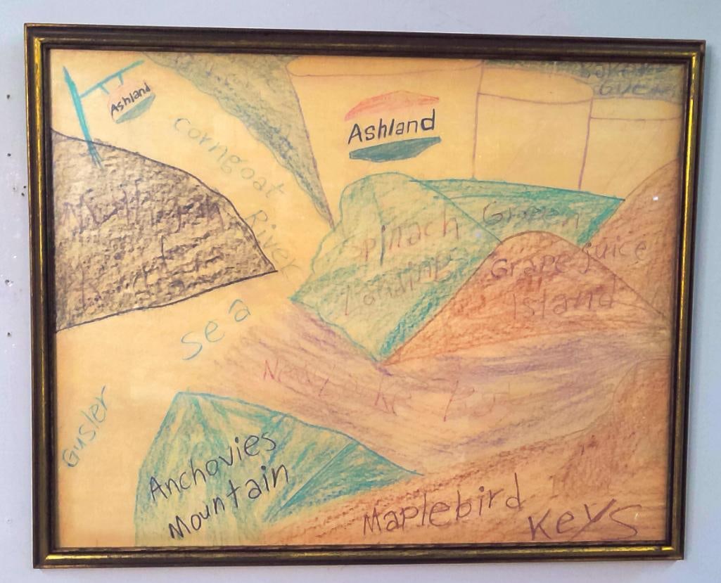 Mark Anthony Mulligan (American/Kentucky, 1963–2022): Waterside Ashland, 1999, depicting an imaginative map-like waterside landscape of rivers, islands, mountains and industrial landmarks. The composition incorporates Ashland Oil imagery and fanciful