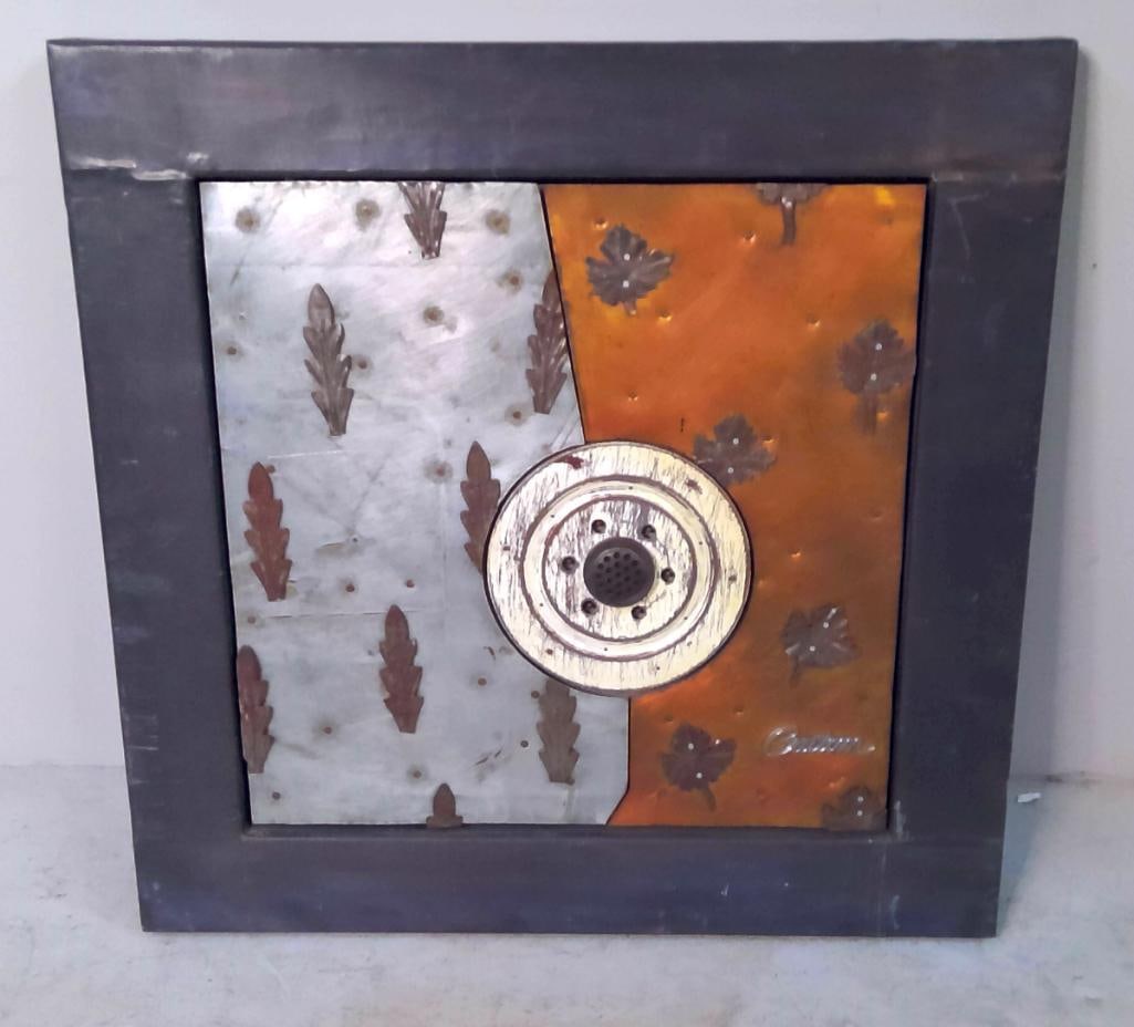 Brad Devlin (American/Kentucky, 20th–21st century): Custom, 1998, Three-dimensional mixed-media assemblage constructed from patinated and painted sheet metal, applied metal leaves, a circular found-metal component, and a chrome “Custom”