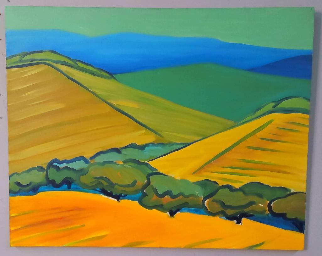 Billy Hertz (American, Louisville, Kentucky): Untitled (Aerial Landscape), 1999, Acrylic on canvas depicting a brightly colored, semi-abstract aerial view of cultivated fields, rolling hills and a winding stream. The landscape and elevated
