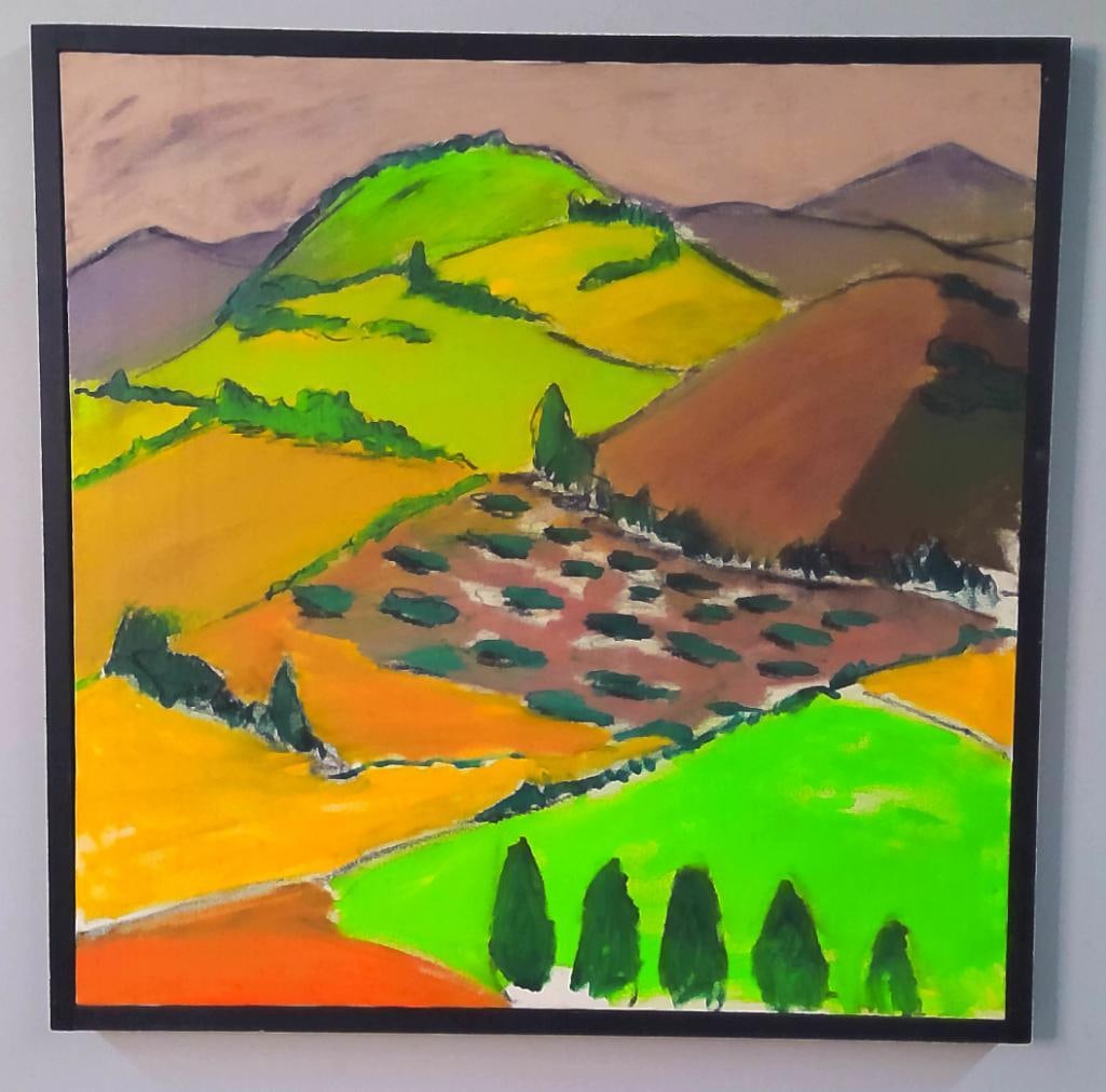 Attributed to Billy Hertz (American, Louisville, Kentucky): Untitled (Hillside Fields), Depicting a semi-abstract agricultural landscape with rolling hills, cultivated fields and cypress-like trees. The elevated viewpoint and balance between abstraction and re