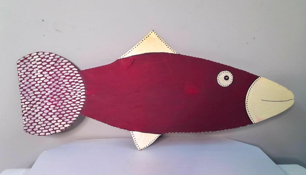 Marvin Finn (American/Kentucky, 1913–2007): Folk Art Fish, 1992, Painted and assembled wood wall sculpture depicting a large stylized fish in deep red, cream, and black. The applied tail is decorated with irregular cream-colored scales, with do