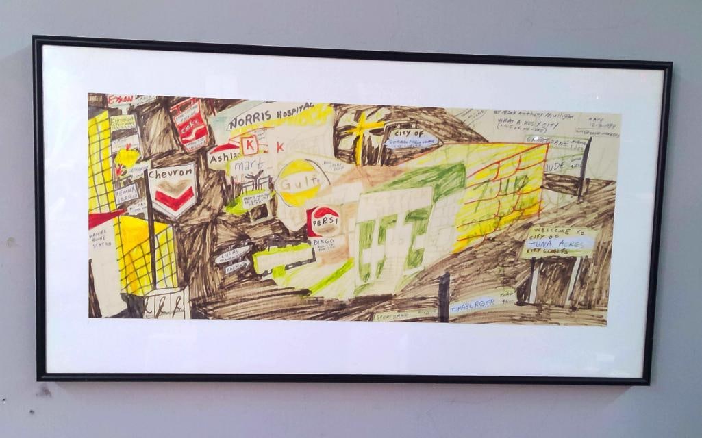 Mark Anthony Mulligan (American/Kentucky, 1963–2022): What a Busy City, 1988, Water-based marker on paper depicting a densely composed imaginary urban and industrial landscape filled with commercial signs, roadways, businesses and playful place names. Th
