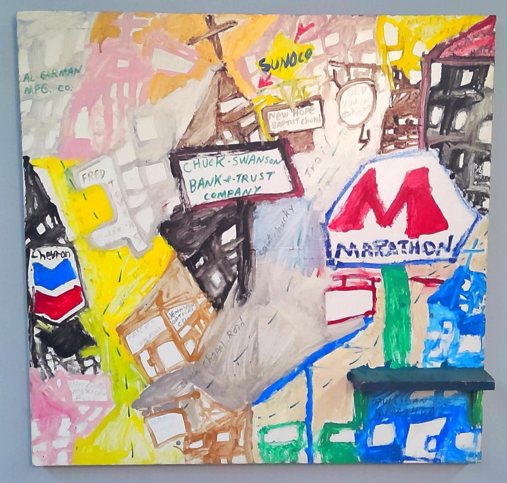 Mark Anthony Mulligan (American/Kentucky, 1963–2022): Bardstown Road Cityscape, Acrylic and marker on a repurposed hollow-core door panel with an attached painted wooden shelf. A densely composed Louisville streetscape incorporating Bardstown Road and nu