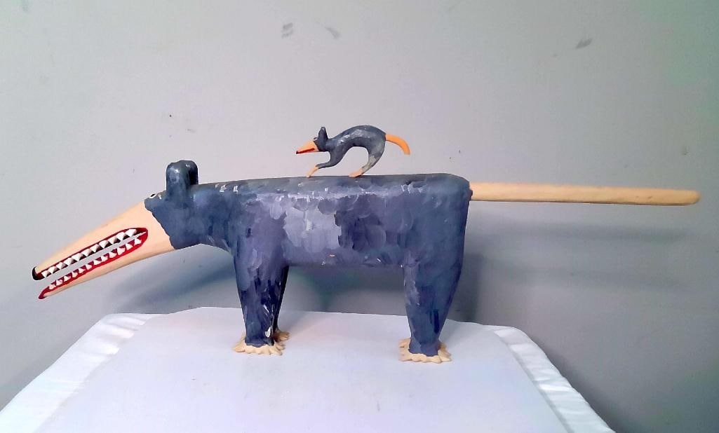 Garland and Minnie Adkins: Opossum with Baby Folk Art Sculpture, 1991, Large carved and polychrome-painted wood folk-art sculpture depicting an elongated opossum with a long tail and open mouth lined with intentionally irregula