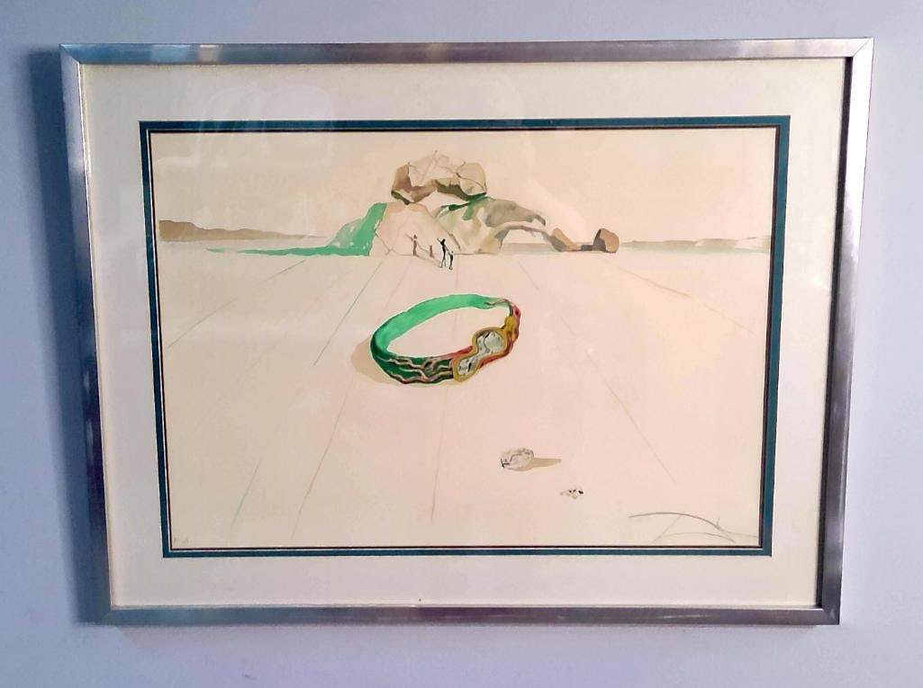After Salvador Dali (1904-1989): The Persistence of Memory, Color lithographic reproduction on paper depicting a surrealist coastal landscape with a soft watch in the foreground; inscribed “E.A.” in pencil lower left and bear