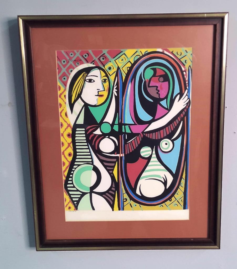 After Pablo Picasso (Spanish, 1881–1973): Girl Before a Mirror, Limited-edition color lithograph after Picasso’s 1932 painting, numbered 107/375 in pencil lower left. Picasso signature reproduced in the image upper left; embossed “Origina