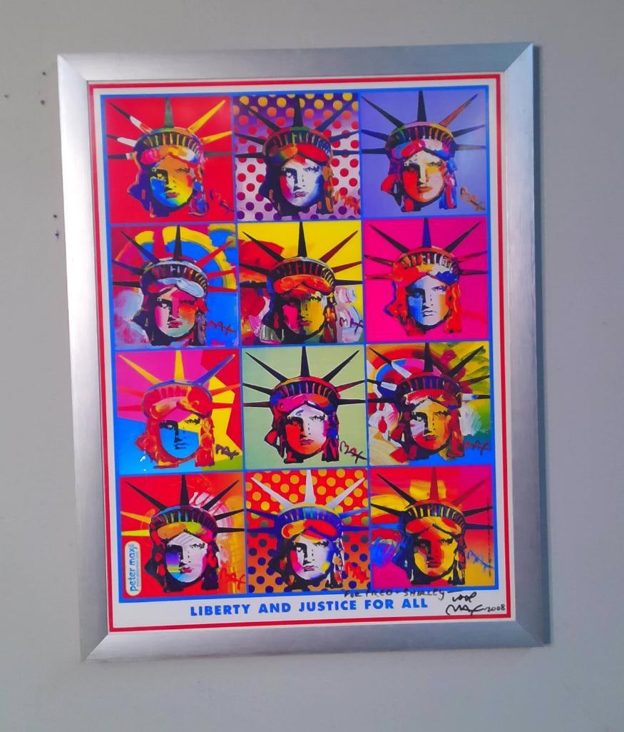 Peter Max (German-American, B. 1937): Liberty and Justice for All, Color offset lithograph poster reproducing Max’s 2001 mixed-media composition, depicting twelve vibrantly colored interpretations of the Statue of Liberty arranged in a 
