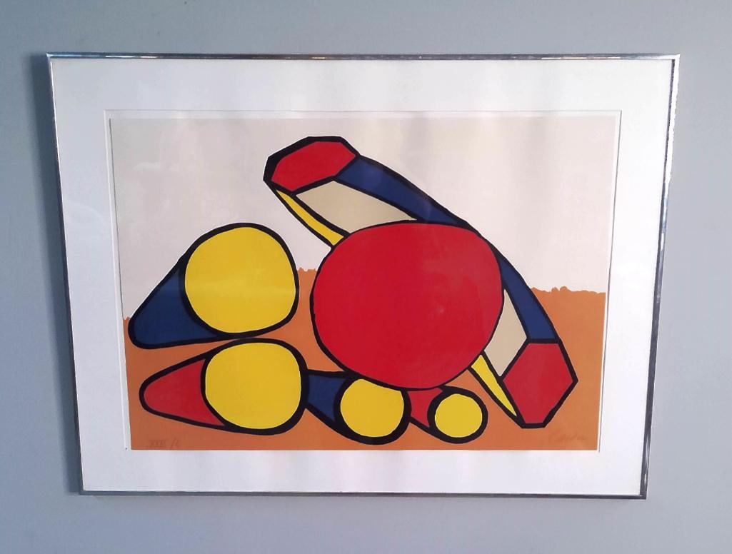 Alexander Calder (American, 1898–1976): Tubes, 1970, Color lithograph on paper depicting an abstract arrangement of graduated yellow circles and overlapping conical and tubular forms in red, deep blue, yellow, and cream, defined by heavy bl