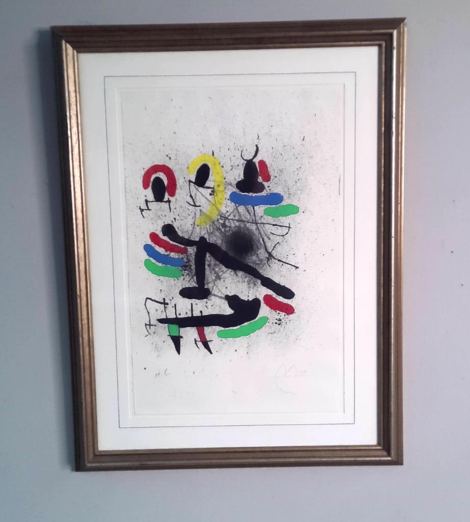Joan Miró (Spanish, 1893–1983): Liberté des libertés,, 1971, Vertical abstract composition of bold black biomorphic figures and calligraphic lines arranged over a diffuse gray-and-black splattered field. Curving passages of red, y