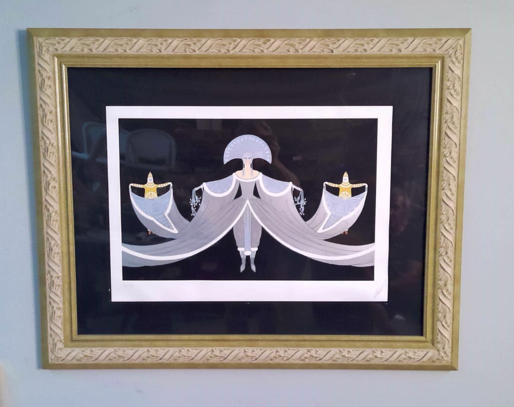 Erté (Romain de Tirtoff; Russian-French, 1892–1990): La Mer Blanche, 1986, Color serigraph on paper depicting a stylized Art Deco figure in an elaborate silver-gray costume with sweeping drapery and flanking attendants. Published by Sevenarts Ltd. Park 