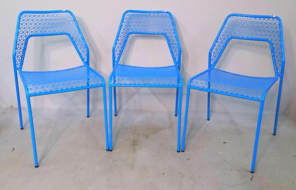 Set Of Three Blu Dot Hot Mesh Chairs: Set of three Blu Dot “Hot Mesh” stacking chairs in the Simple Blue finish. Constructed of powder-coated steel with an open geometric mesh seat and back, slender tubular legs, and protective fo