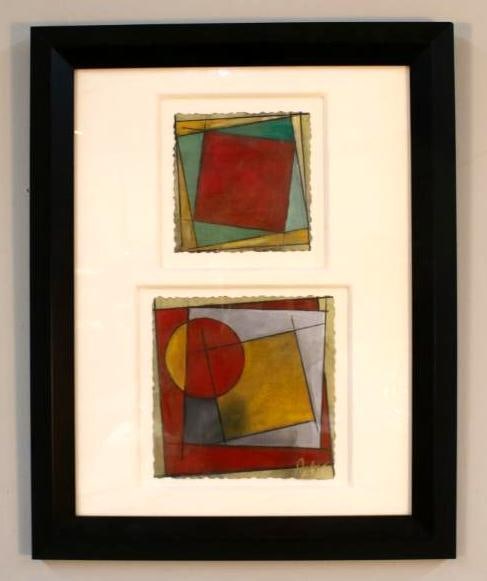 Phillipe Judge (20th/21st Century): Geometric Abstract Mixed-Media Composition, Two abstract compositions featuring overlapping geometric planes in red, teal, yellow, and gray, Mixed Media signed "Judge" Lower right Image: H 8 x