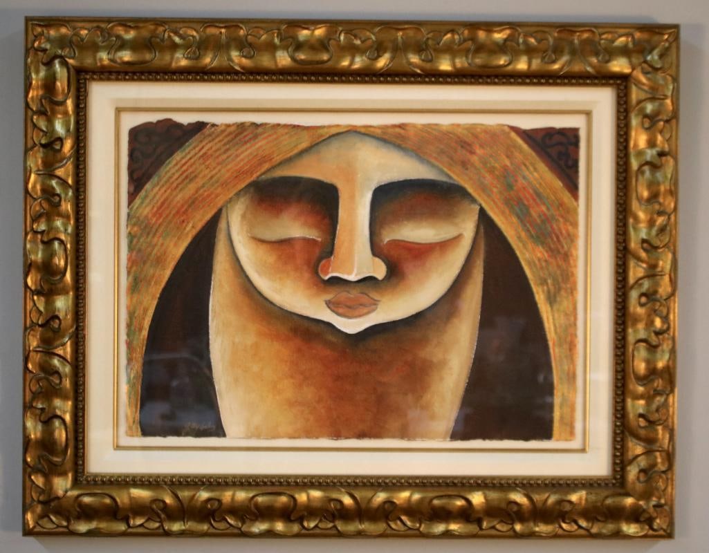 Gaylord Soli (American, 20th/21st Century): Stylized portrait with closed eyes and arching, patterned head covering, Acrylic on Canvas Image: H 14 x W 19.75 inches; Frame: H 23 x W 28.75 inches Condition: