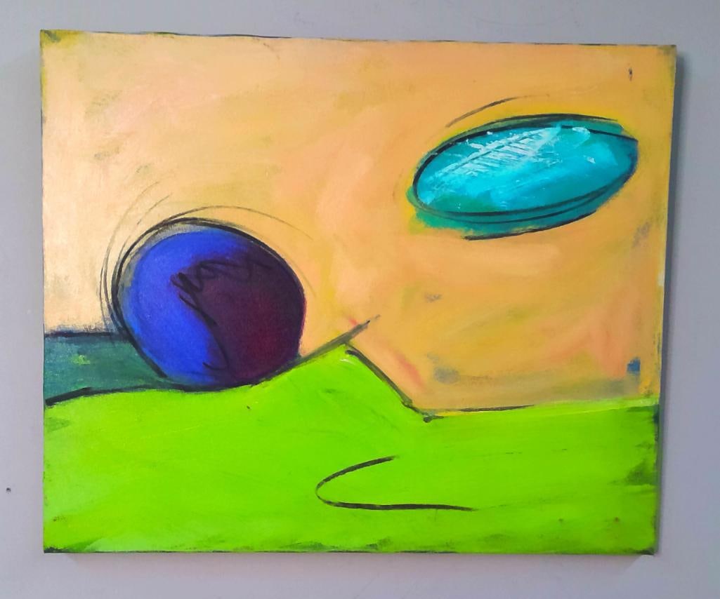 American School (Contemporary): Untitled Abstract , Acrylic and mixed media on stretched canvas, featuring biomorphic blue and turquoise forms against fields of peach, vivid green and dark teal, accented with gestural black lines. A