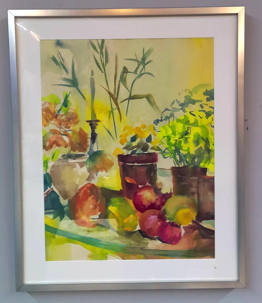 Fern Powell (American, 20th Century): Still Life, Watercolor still life depicting an arrangement of fruit, vessels, and garden foliage rendered in vibrant washes of yellow, green, red, and blue. Executed in Powell's expressive style, 