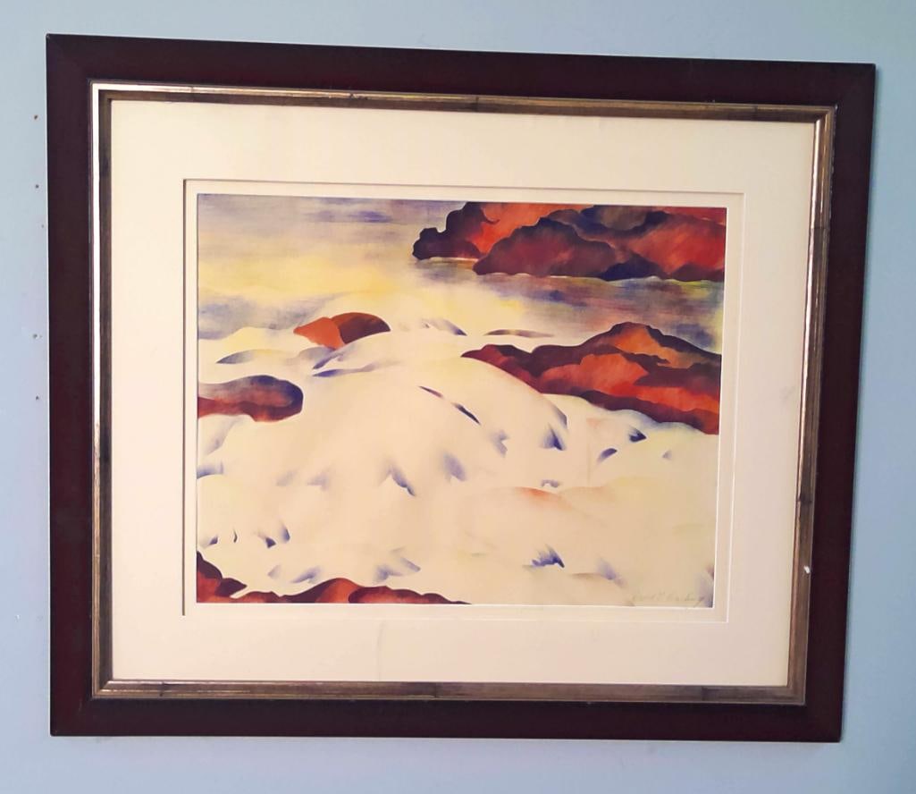 David T. Darling (American, 1880–1964): Abstract Coastal Landscape, Darling’s distinctive stenciled watercolor technique—on paper depicting a stylized rocky shoreline in deep red, violet, orange, and blue. Watergraph Pencil signed “Da