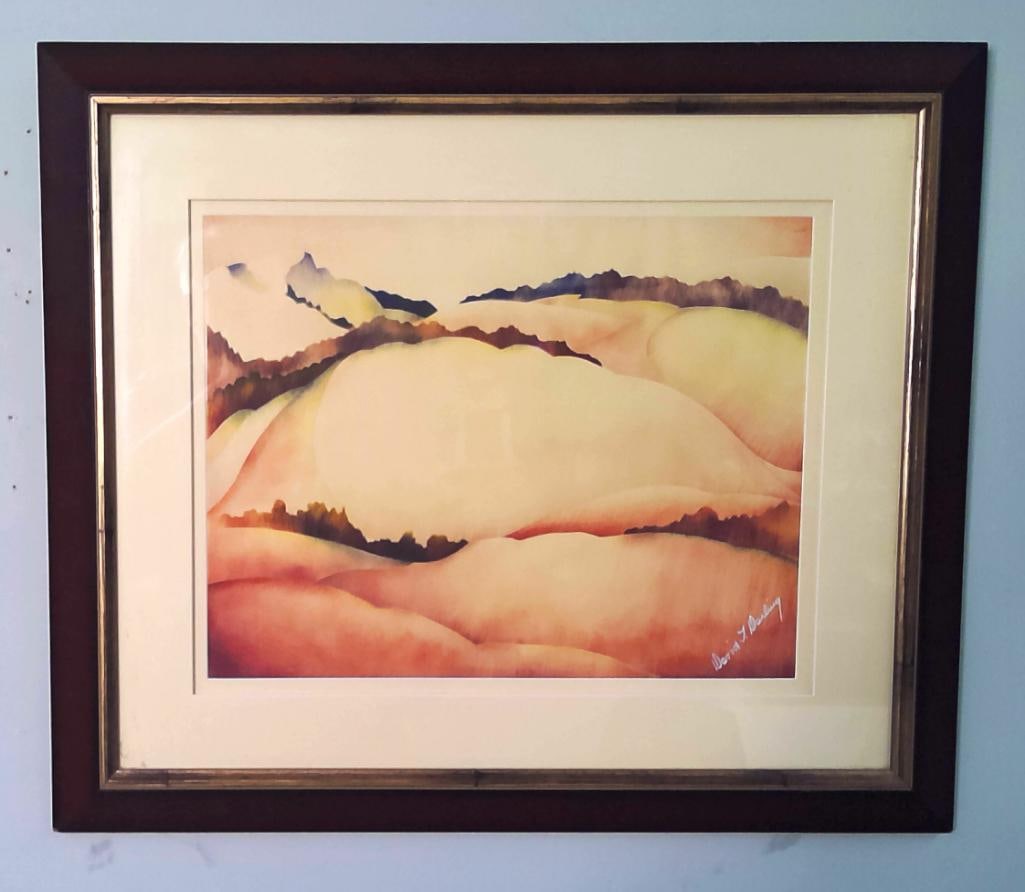David T. Darling (American, 1880–1964): Abstract Rolling Landscape, Watergraph on paper depicting an abstracted landscape of softly undulating hills and distant dark ridgelines, rendered in pale yellow, coral, rose, violet, and blue. Waterg