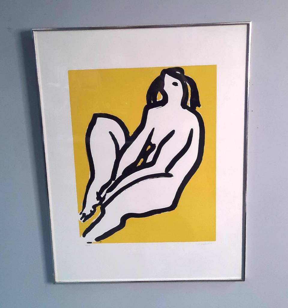 Nicholas Marsicano (American, 1908–1991): Seated Nude, A boldly simplified seated female nude rendered in white negative space with heavy, gestural black contours against a mustard-yellow ground. The figure sits with one knee raised, her head