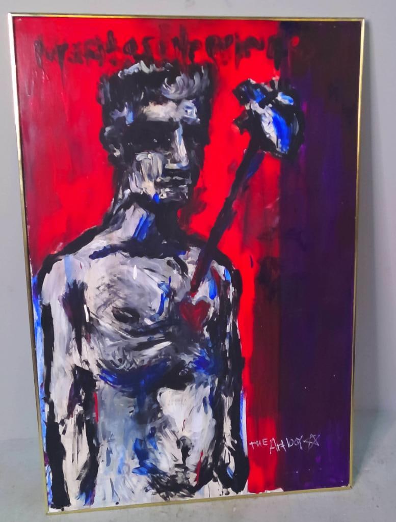 Joshua Child “The Art Boy": Physical Suffering, Large expressionist acrylic painting on hardboard depicting a solitary male figure pierced through the heart by a spear, rendered in forceful black, white, gray, and blue brushwork
