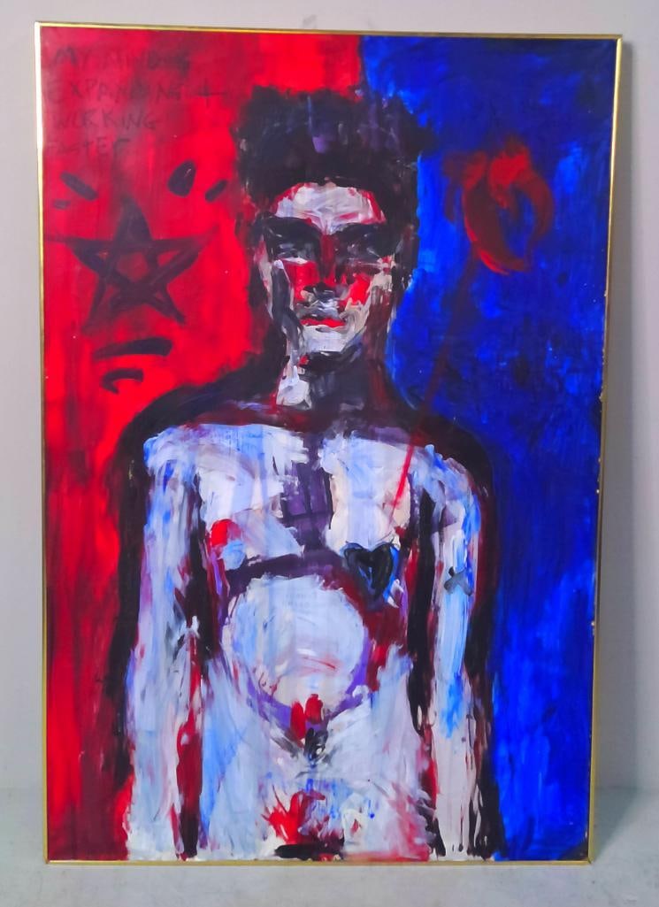 Joshua Child: My Mind Is Expanding and Working Faster, Large expressionist acrylic painting on hardboard depicting a frontal figure rendered in gestural white, black, gray, blue, and red brushwork. The figure is se