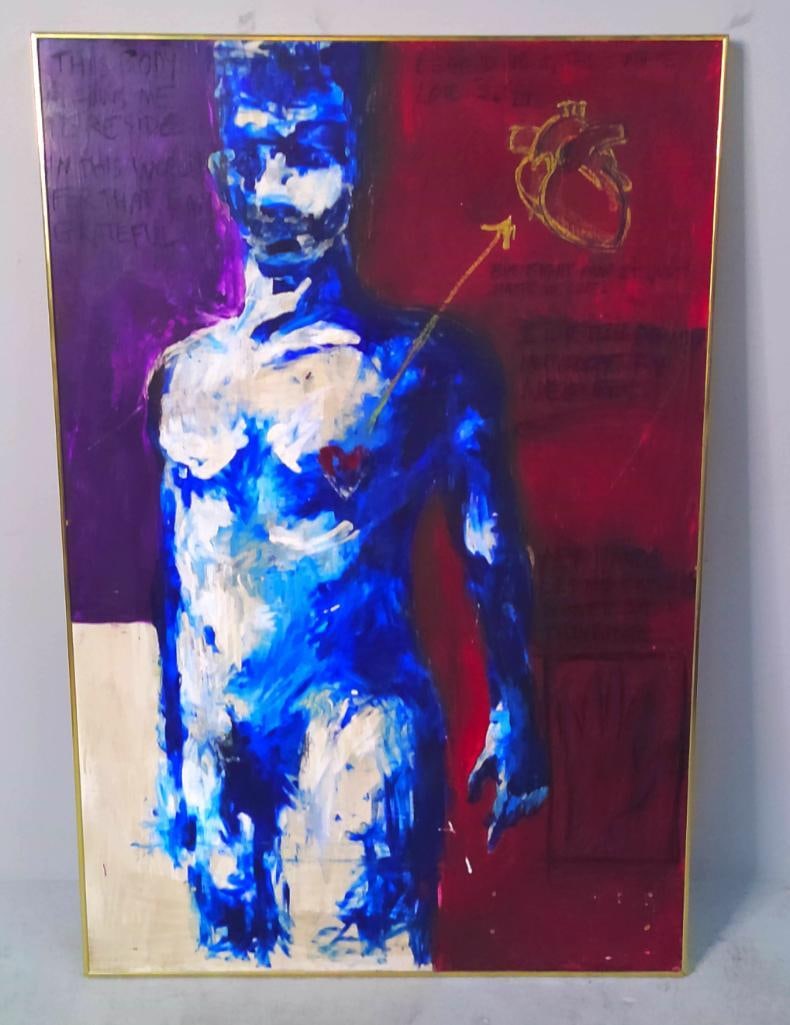 Joshua Child: This Body Allows Me to Reside in this World, Large expressionist mixed-media painting on hardboard depicting a solitary blue-and-white figure against divided purple and red fields. An anatomical heart