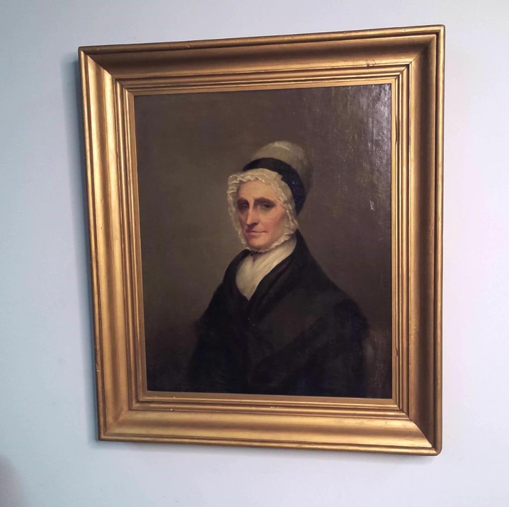 19th-Century American School Portrait of an Elderly Woman: 19th-Century American School Portrait of an Elderly Woman This unsigned portrait depicts an unidentified elderly woman wearing a white lace bonnet, dark dress and white fichu against a muted brown bac