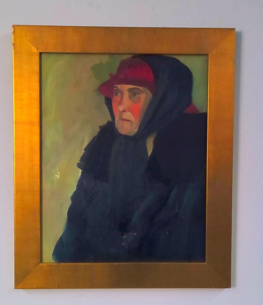 Attributed to Alice Speed Stoll (American/Kentucky, 1906–1996): Portrait of a Woman in a Red Hat, depicting an elderly woman wearing a red hat and dark hooded garment. Unsigned; attributed to Alice Speed Stoll by a handwritten note affixed to the reverse. Stoll wa