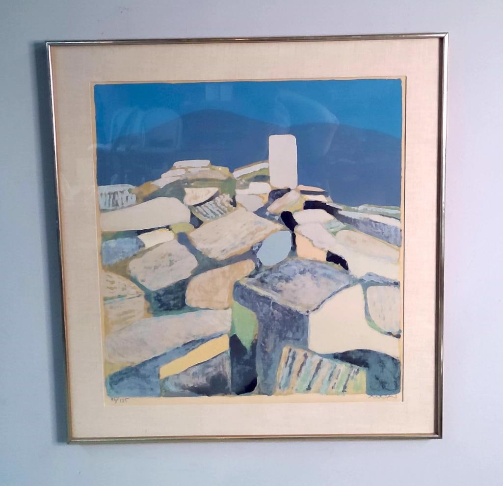 Roger Mühl (French, 1929–2008): Pierres de Provence (Mougins), Color screenprint on paper depicting an abstracted Provençal hilltop village, with overlapping stone walls and rooftops surrounding a central white tower, set against l