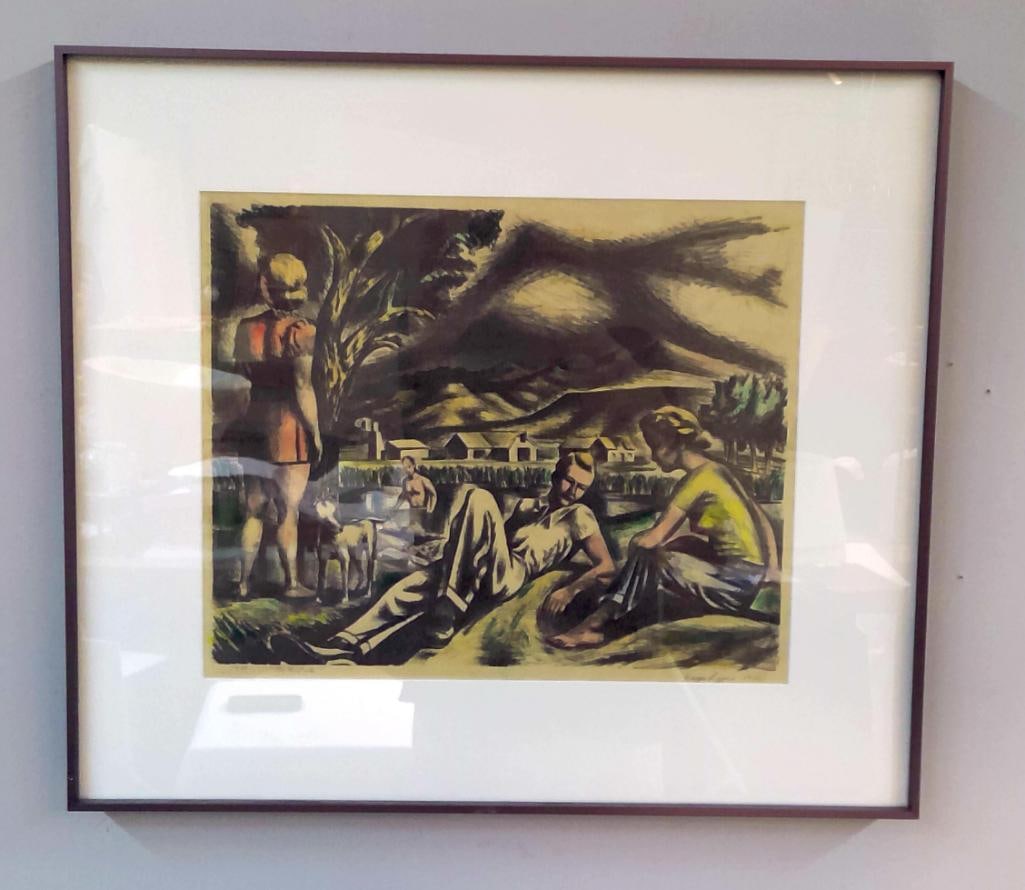 Hayes Lyon (1909–1987): Bathers by a Pond, 1940, Color lithograph depicting a group of figures gathered within a rural landscape, with farm buildings and dramatic cloud formations beyond. Signed in pencil lower right and num